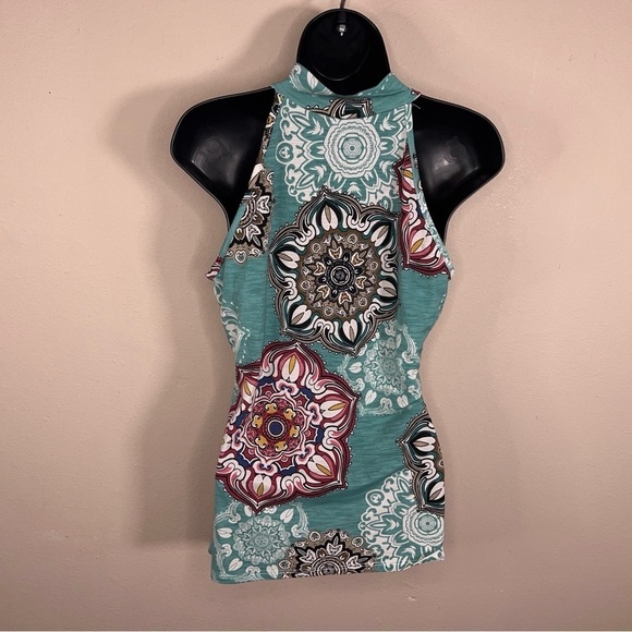 LARGE 42 POPS BLUE BOHO RUFFLE SLEEVELESS STRETCH BLOUSE TOP PAISLEY - Picture 2 of 11